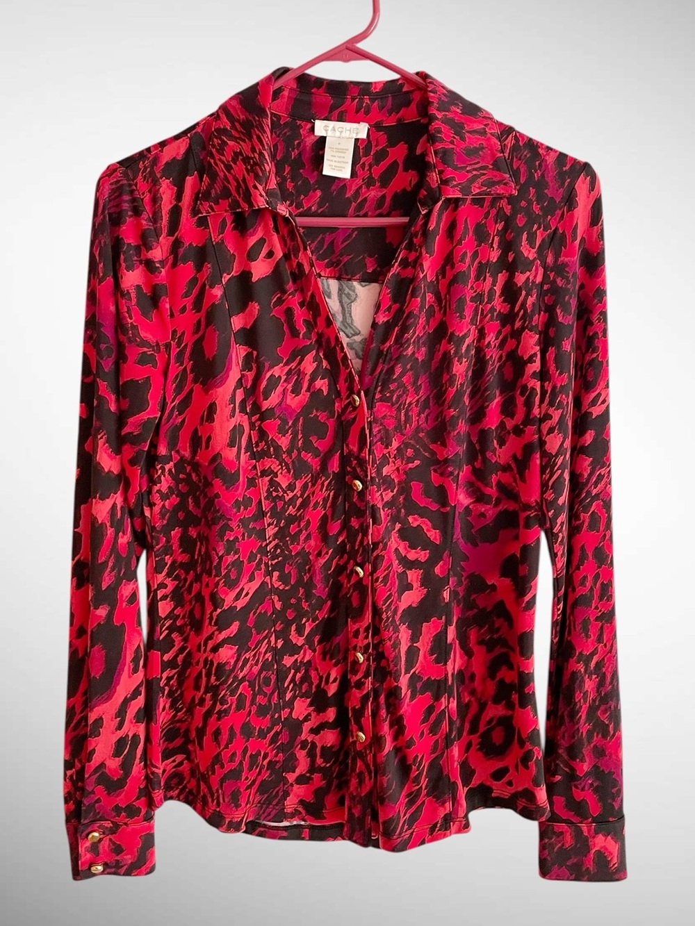 Cache Vintage Buttondown Red Leopard Print Blouse Long Sleeves - Picture 4 of 11
